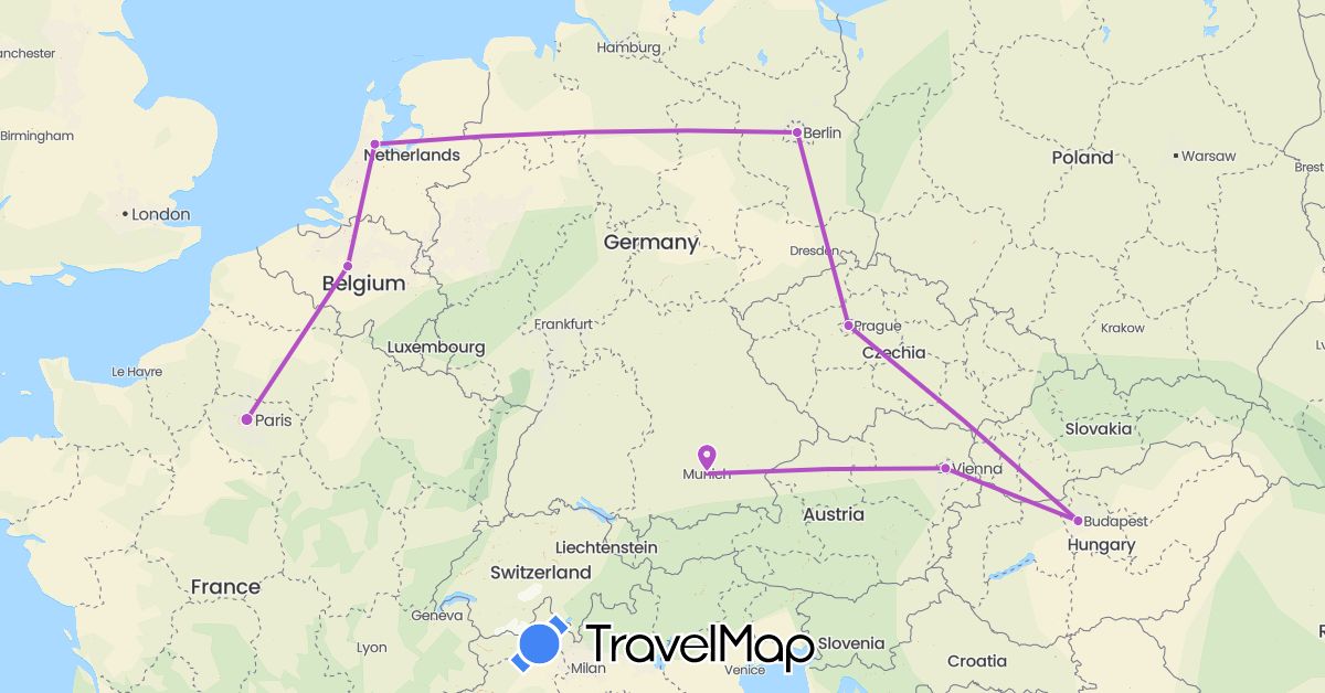TravelMap itinerary: driving, train in Austria, Belgium, Czech Republic, Germany, France, Hungary, Netherlands (Europe)